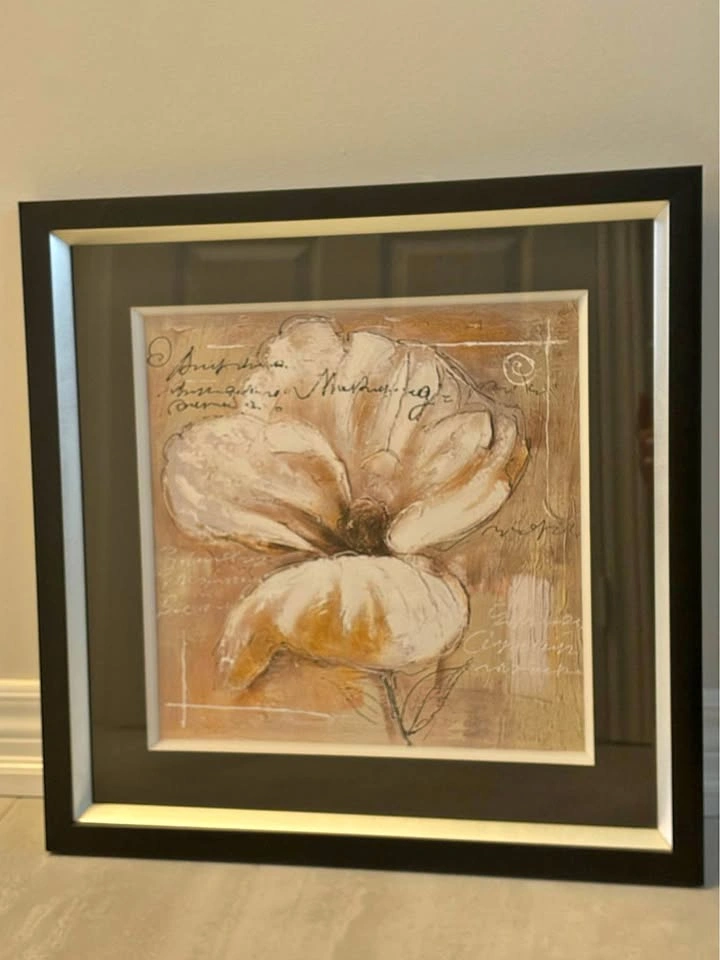 Beautiful Black/Bronze Framed White Flower Wall Art