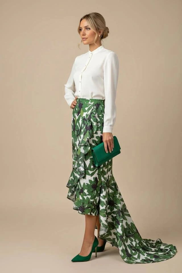 L'atiste Green Floral Size Small High-Low Ruffle Maxi Skirt