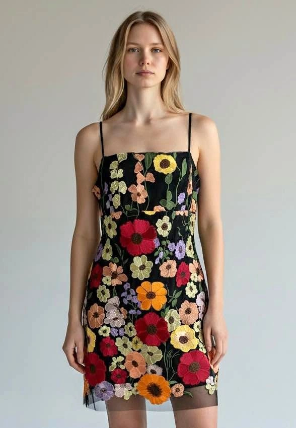 Cider Floral Embroidered Mesh Mini Dress XL Black Multi