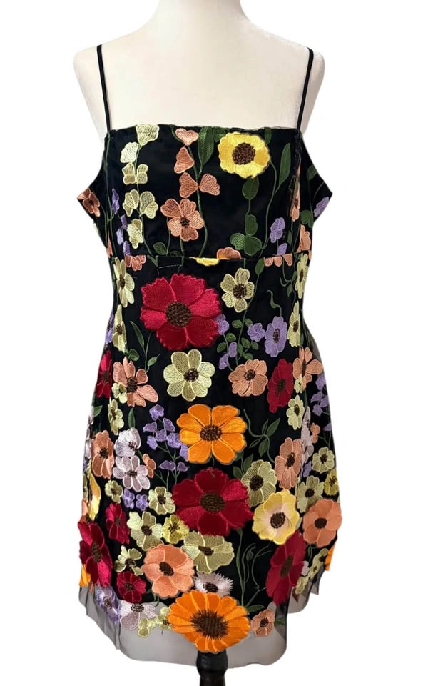 Cider Floral Embroidered Mesh Mini Dress XL Black Multi - photo 2