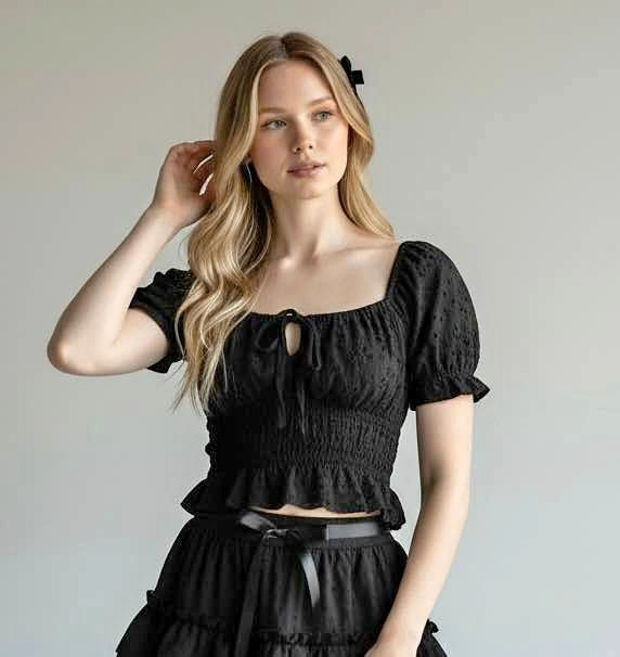 American Eagle Black Eyelet Smocked Crop Top XXS Cottagecore Boh