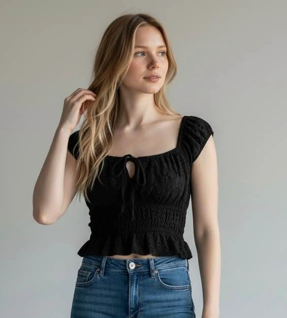 American Eagle Black Eyelet Smocked Crop Top XXS Cottagecore Boh - photo 2