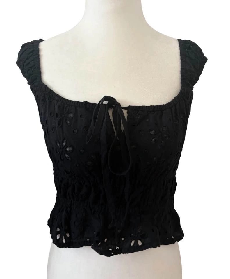 American Eagle Black Eyelet Smocked Crop Top XXS Cottagecore Boh - photo 4