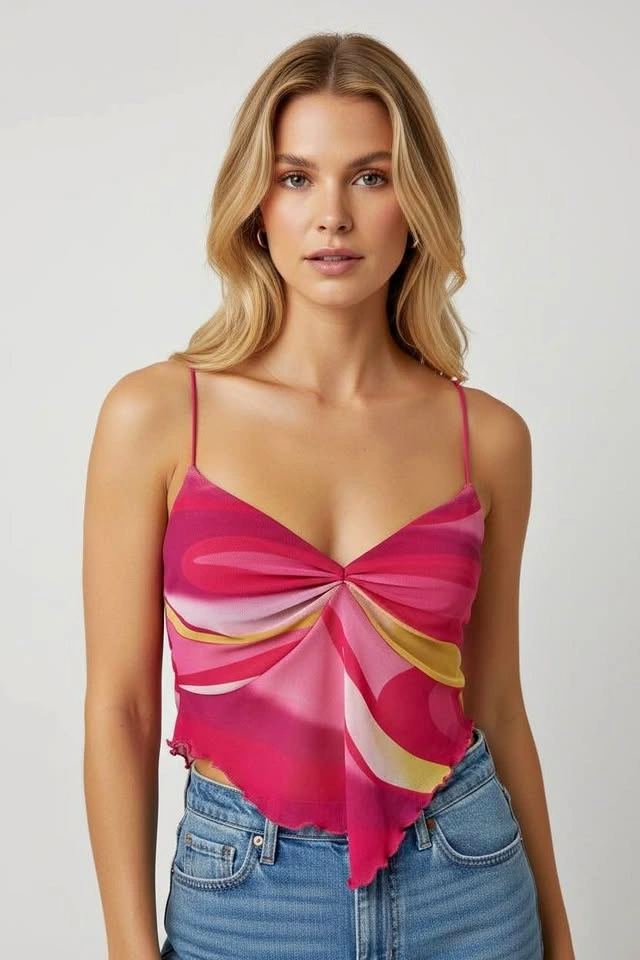 Garage Y2K Pink Abstract Mesh Handkerchief Cami Top Tank