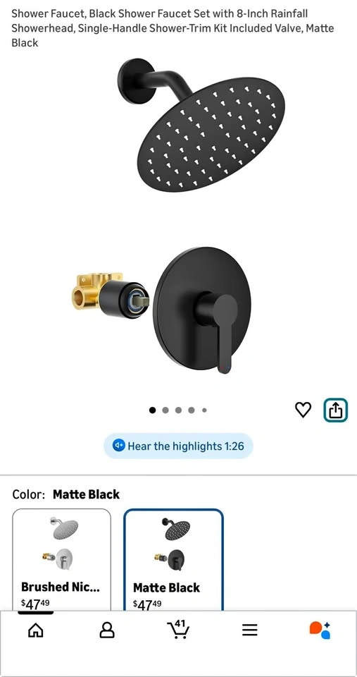 Rainfall Matte Black Showerhead, 8-inch