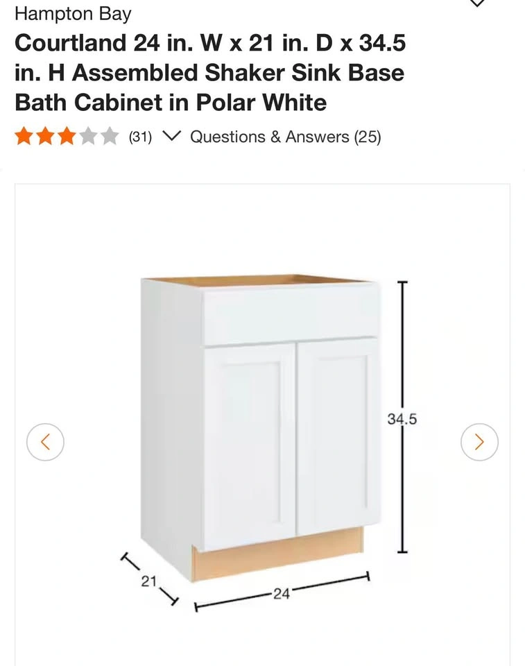 Hampton Bay Courtland 24" Sink Base Bath Cabinet - Polar White - photo 2