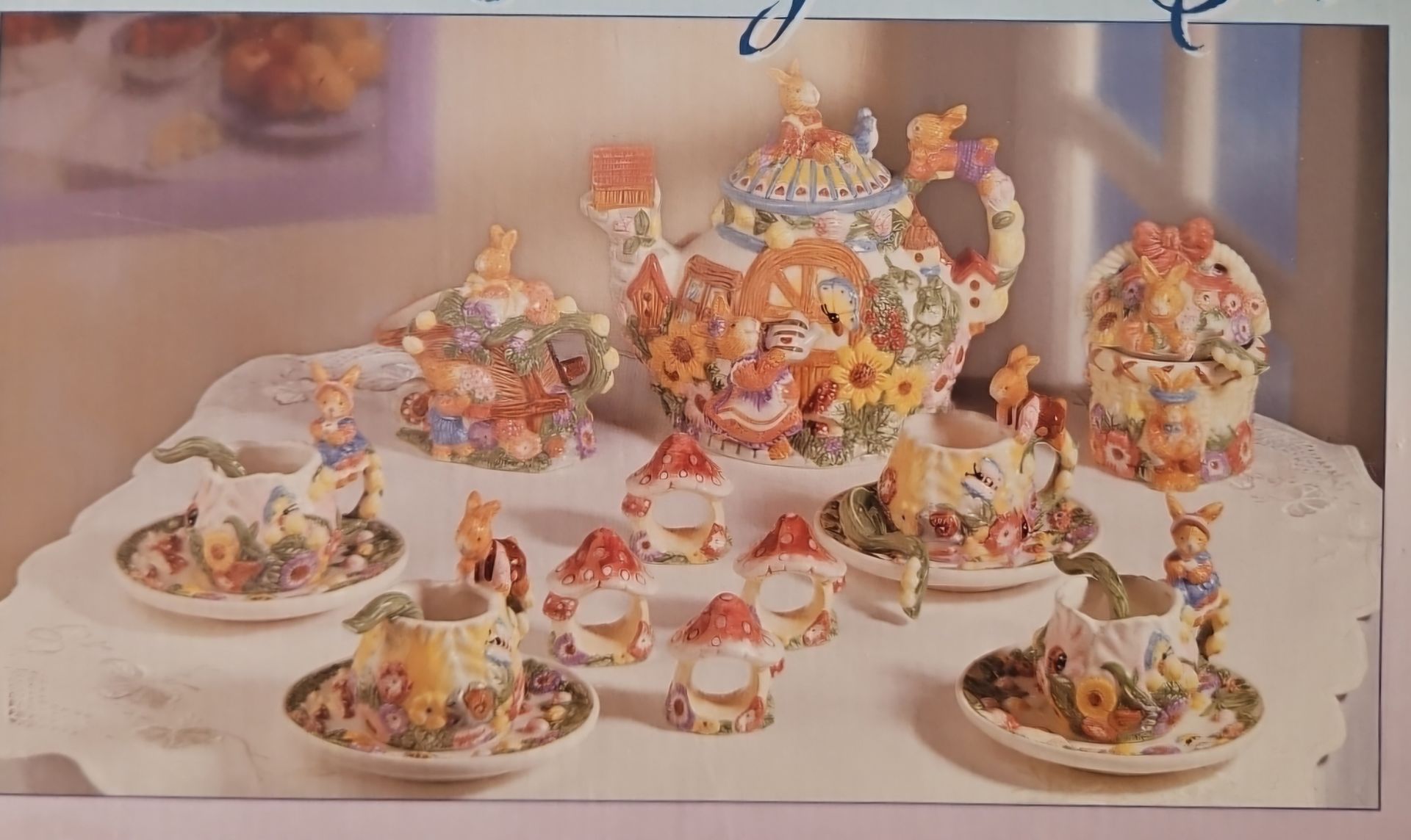 20 Piece Easter Garden Party Tea Set Bunny Rabbits Mushrooms Vin