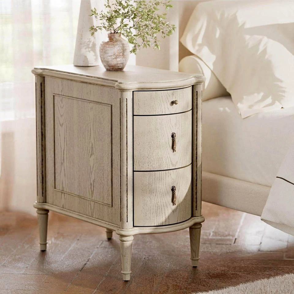 Antique Grey Wood 3-Drawer Side Table Nightstand