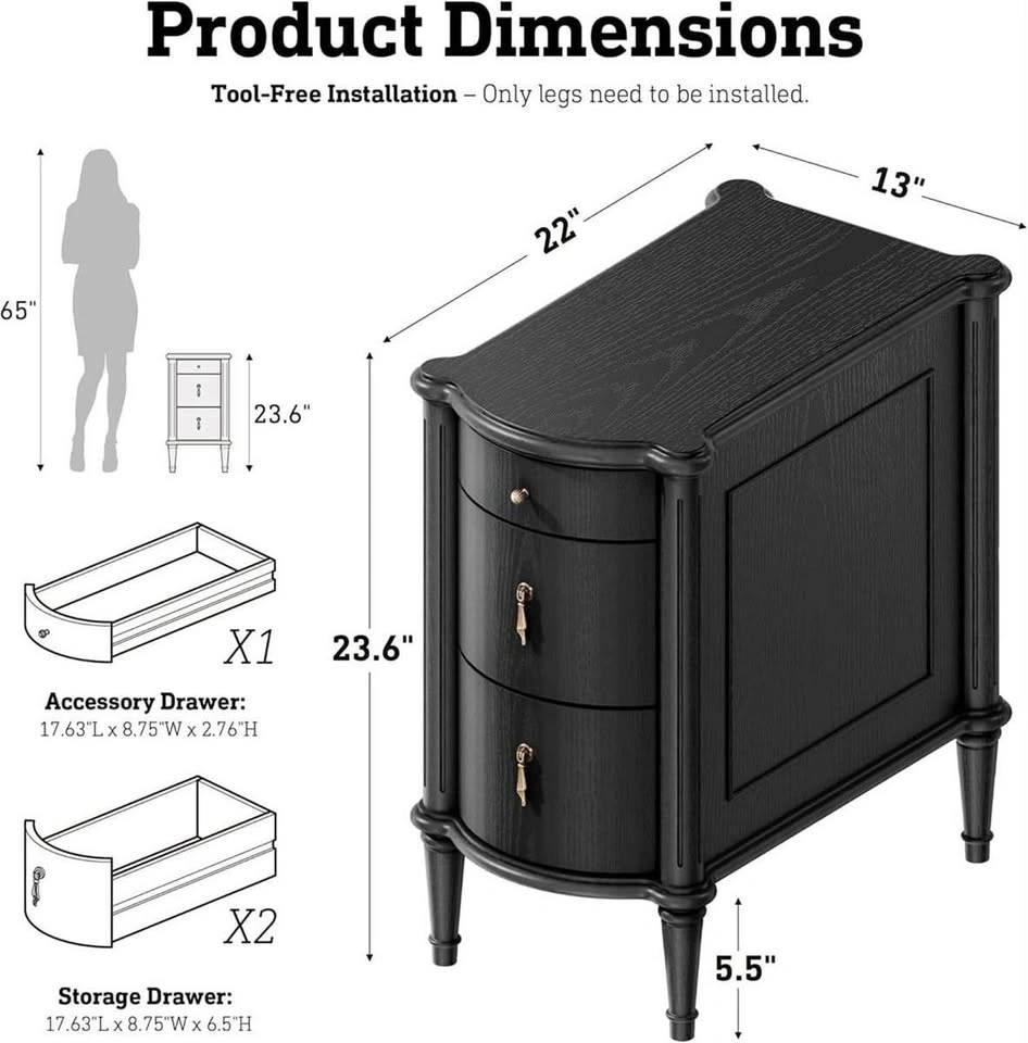 Black Wood 3-Drawer Side Table Nightstand - photo 2