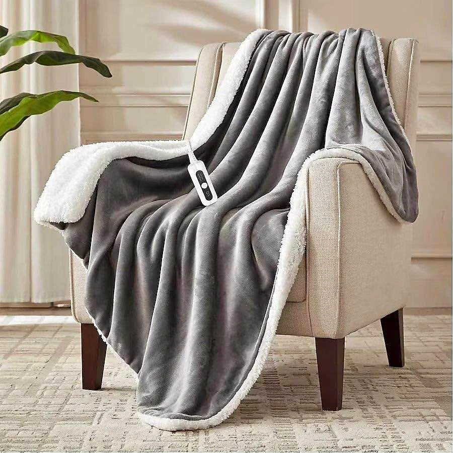 Brand New Grey Electric Heated Blanket Flannel Sherpa