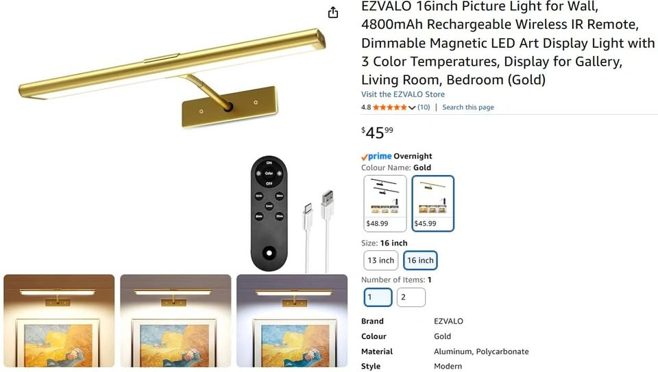 16" Rechargeable Picture Light – Wireless Wall Art Light (Gold) - photo 2