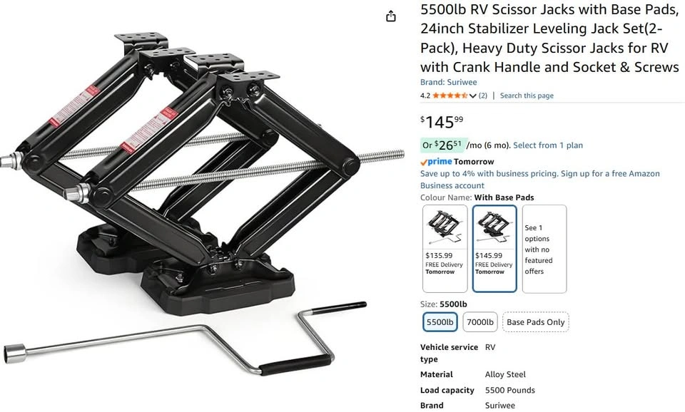 5500lb RV Scissor Jacks – 24” Stabilizer Set with Base Pads (2‐P - photo 2
