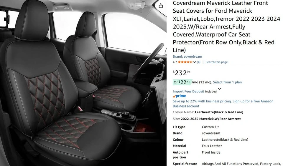 Ford Maverick 2022-2025 Front Leather Seat Covers w/ Rear Armres - photo 2