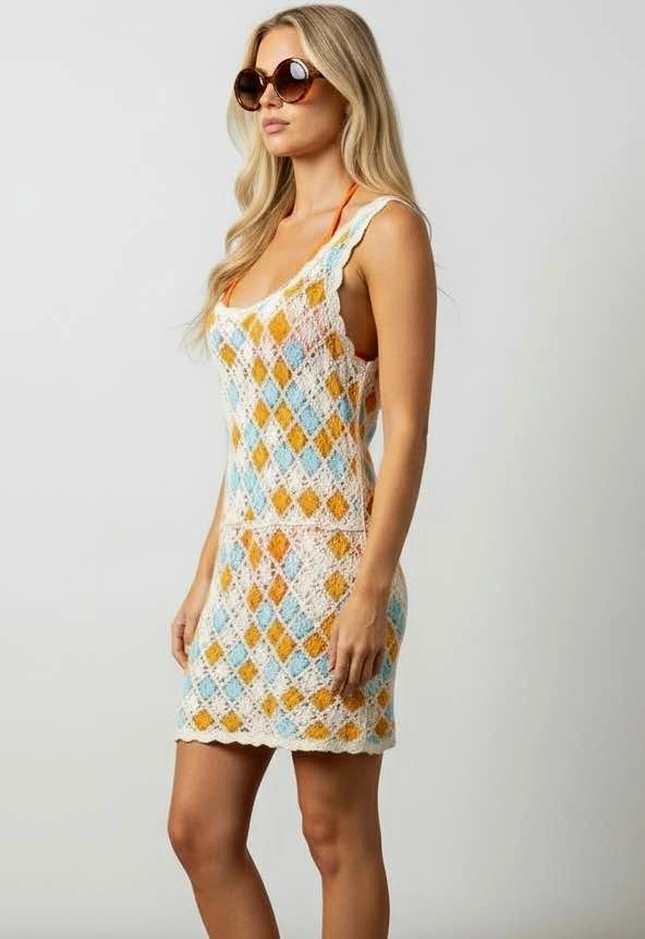 Zara Crochet Diamond Knit Mini Dress - Orange/Blue/Cream - Mediu