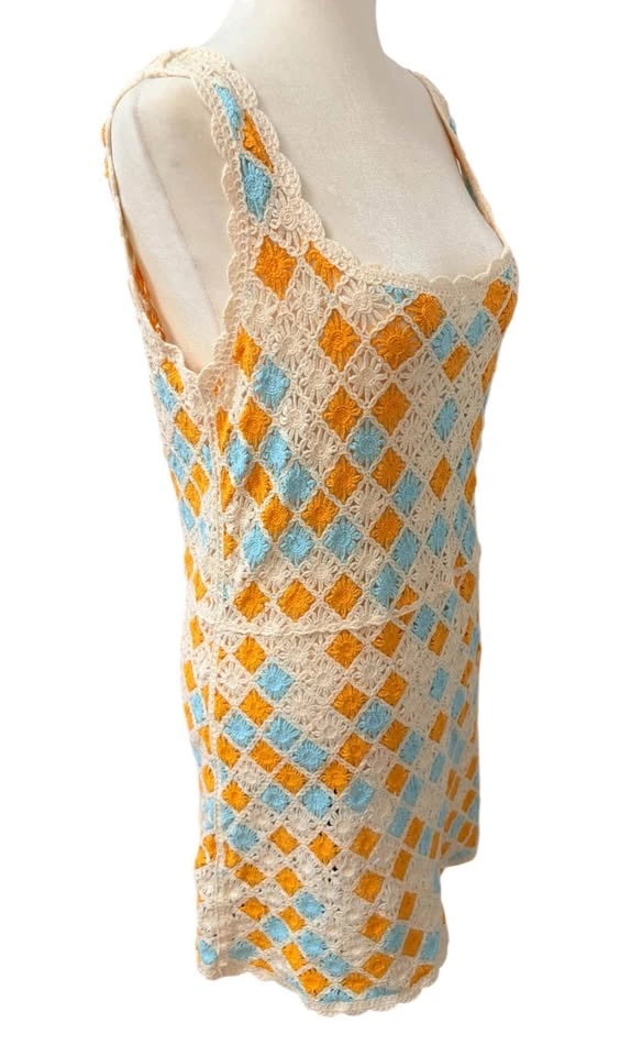 Zara Crochet Diamond Knit Mini Dress - Orange/Blue/Cream - Mediu - photo 2