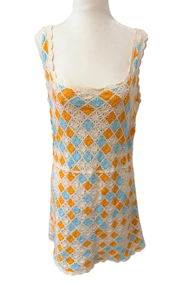 Zara Crochet Diamond Knit Mini Dress - Orange/Blue/Cream - Mediu - photo 3