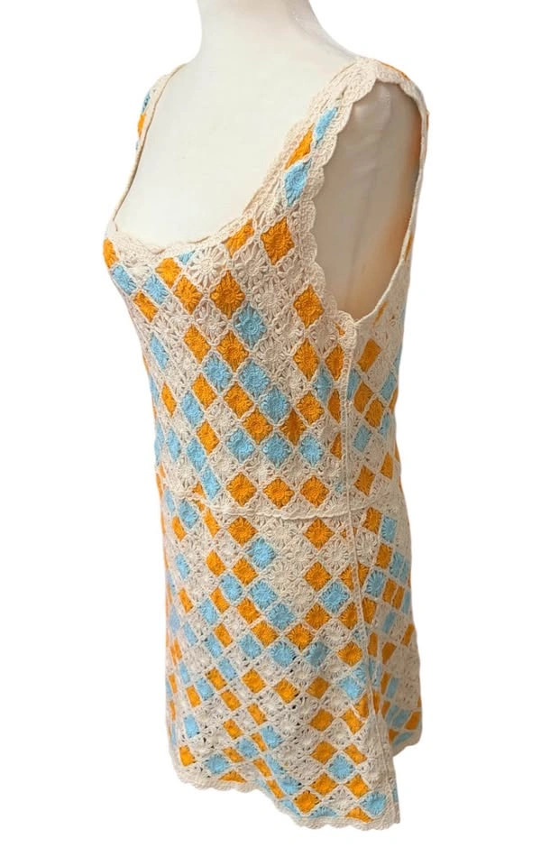 Zara Crochet Diamond Knit Mini Dress - Orange/Blue/Cream - Mediu - photo 4