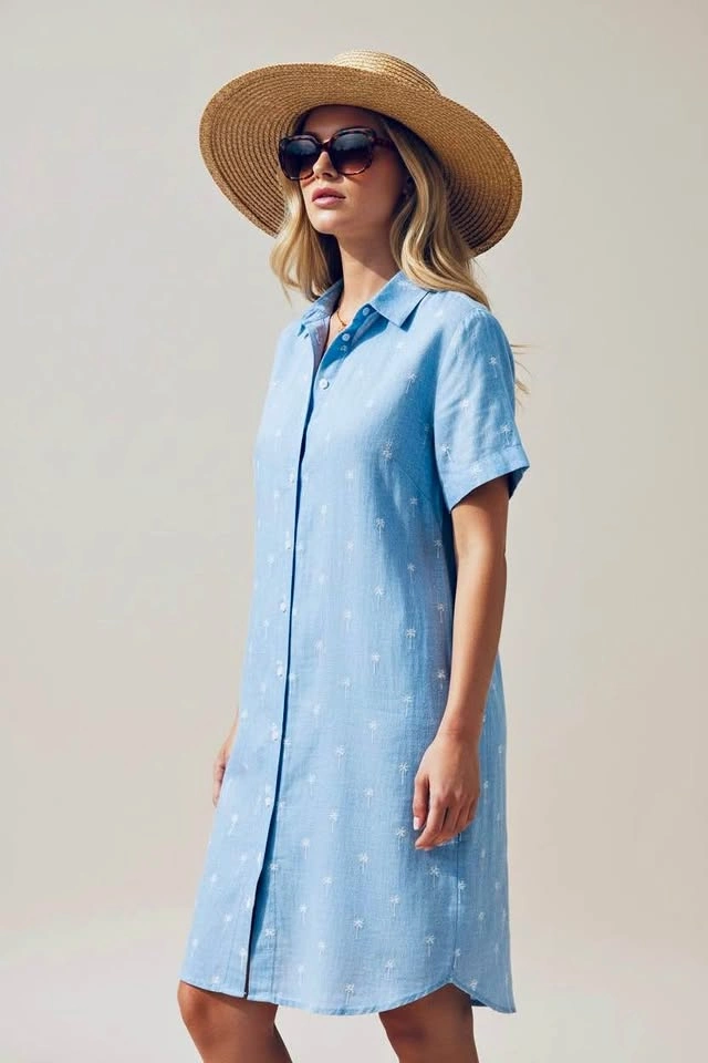 Old Navy Blue Embroidered Palm Tree Linen Blend Shirt Dress Tall