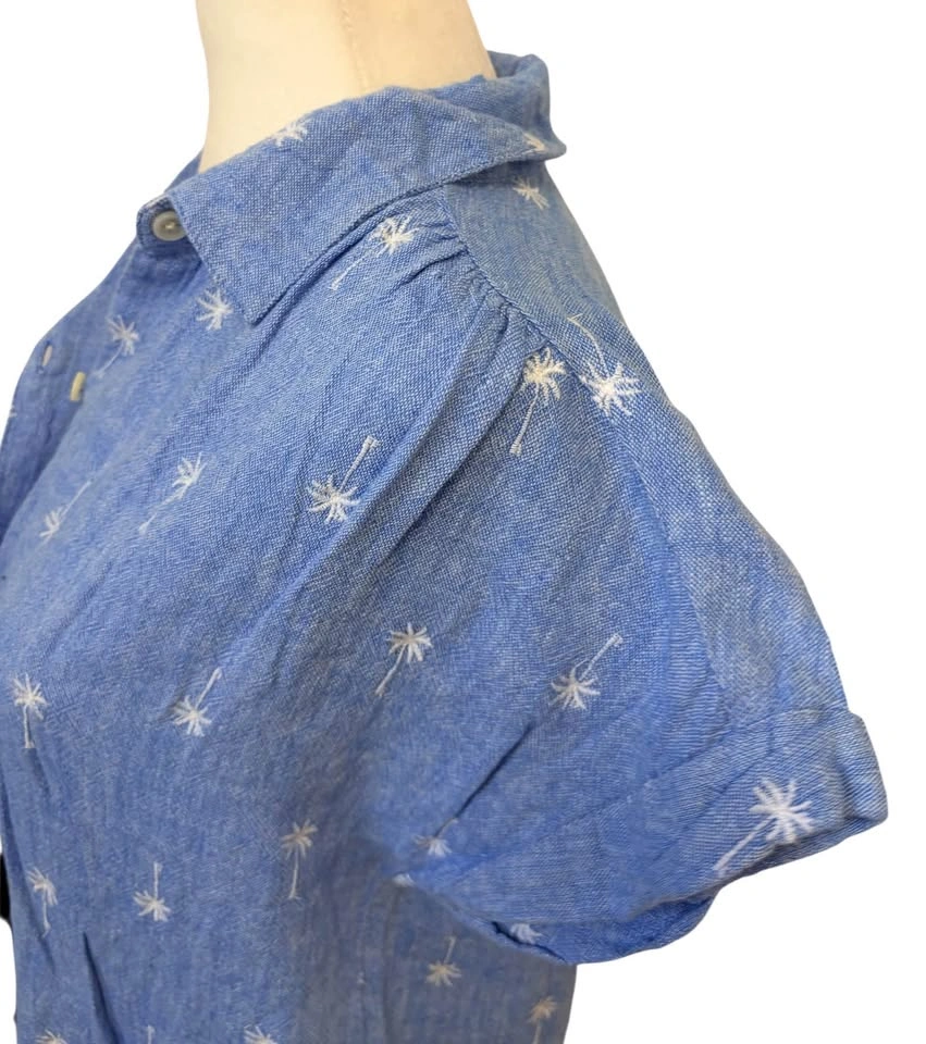 Old Navy Blue Embroidered Palm Tree Linen Blend Shirt Dress Tall - photo 3