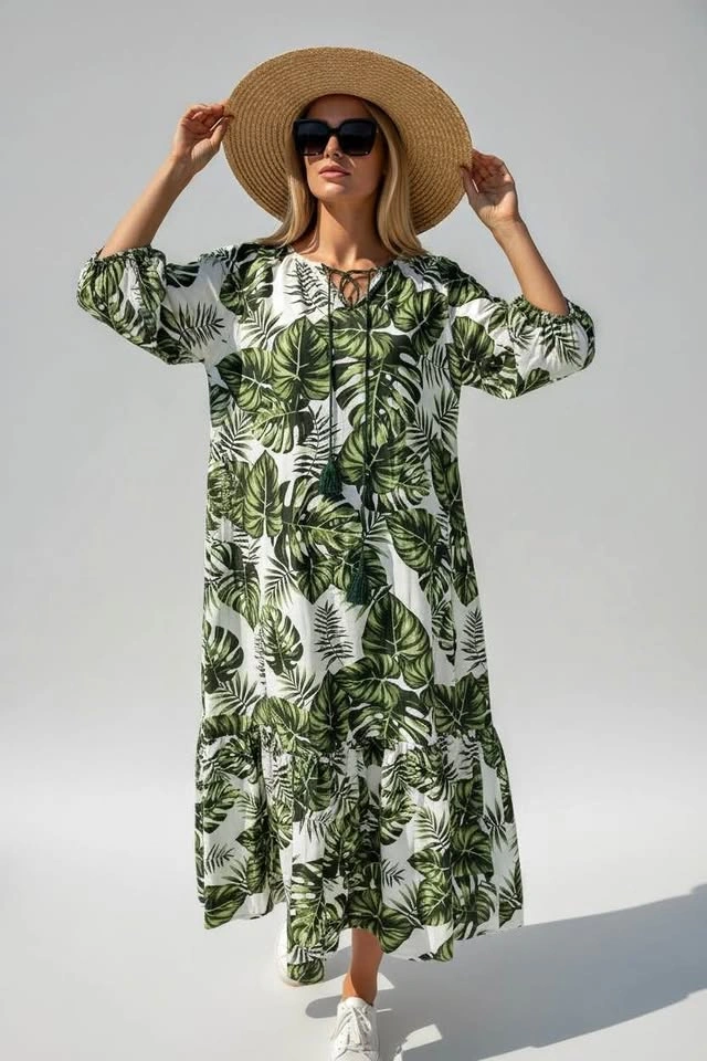 SHEIN Tropical Leaf Print Maxi Dress - Boho Vacation Style