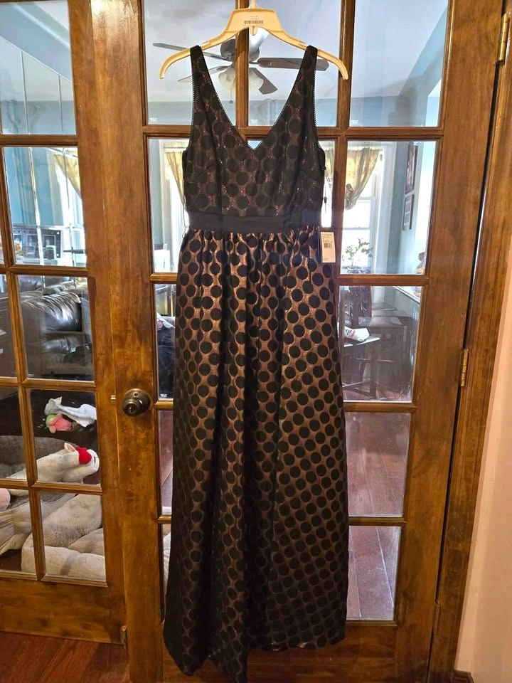 Adriana Papell Black Copper Metallic Polkadot Jacquard Ballgown