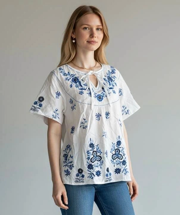 Bay Studio White Blue Floral Medium Embroidered Peasant Top