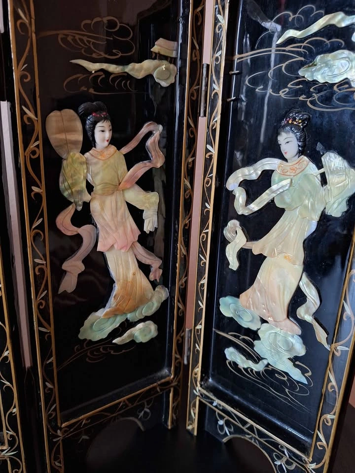 Table Top Vintage Oriental Black Lacquer Geisha Screen - photo 2