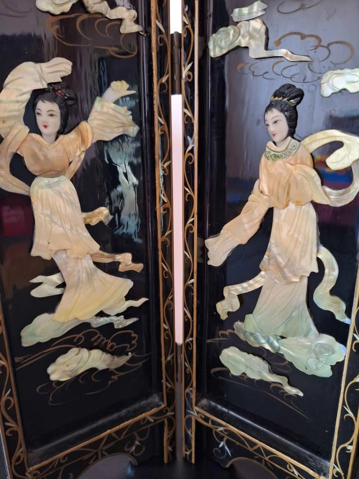 Table Top Vintage Oriental Black Lacquer Geisha Screen - photo 3