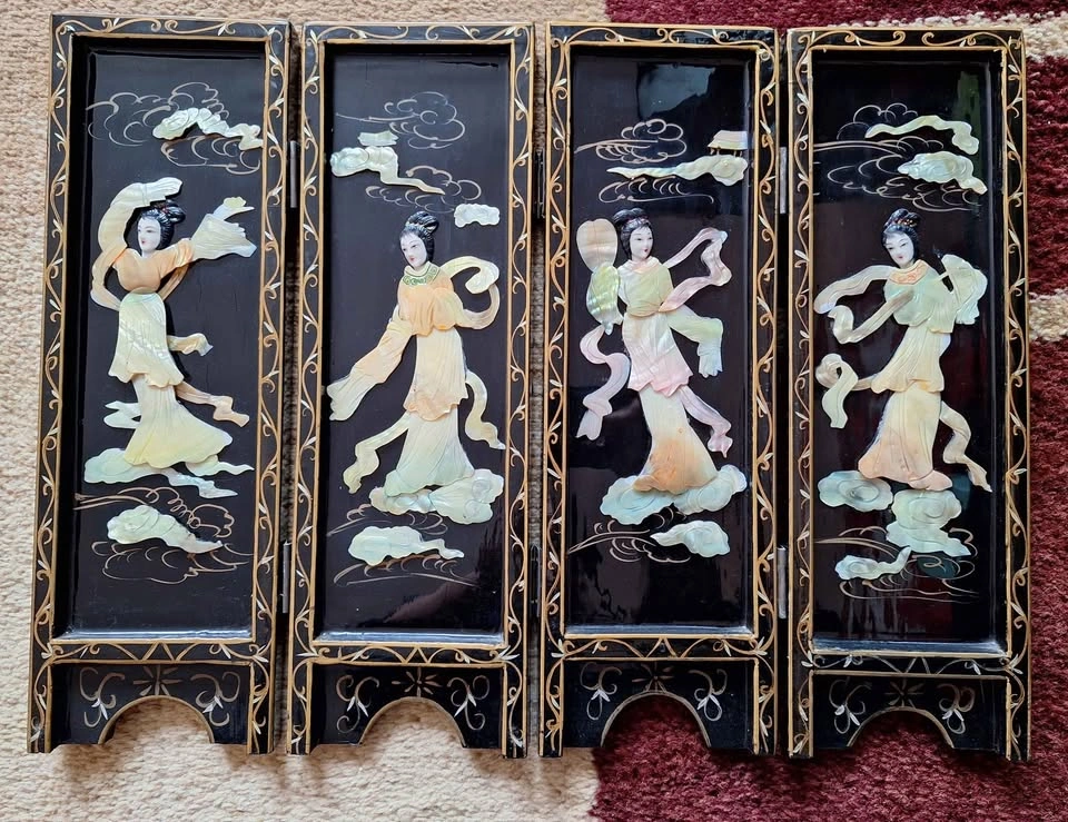Table Top Vintage Oriental Black Lacquer Geisha Screen - photo 4