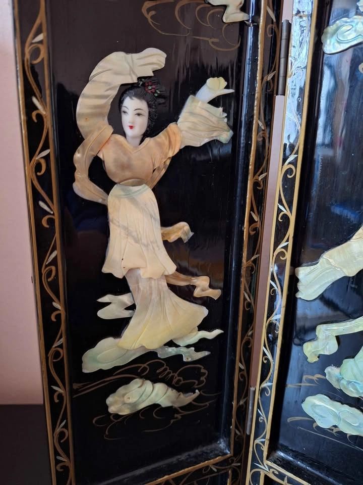 Table Top Vintage Oriental Black Lacquer Geisha Screen - photo 5