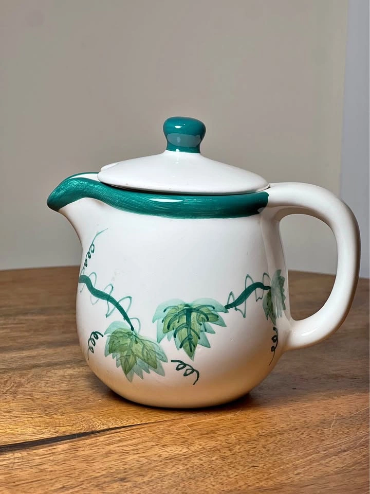 Vintage Ceramic Lidded Creamer Hand Painted Green Vine Leaf