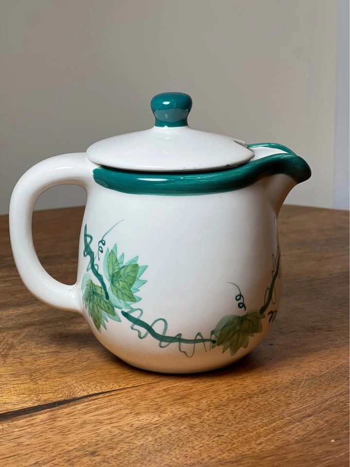 Vintage Ceramic Lidded Creamer Hand Painted Green Vine Leaf - photo 3