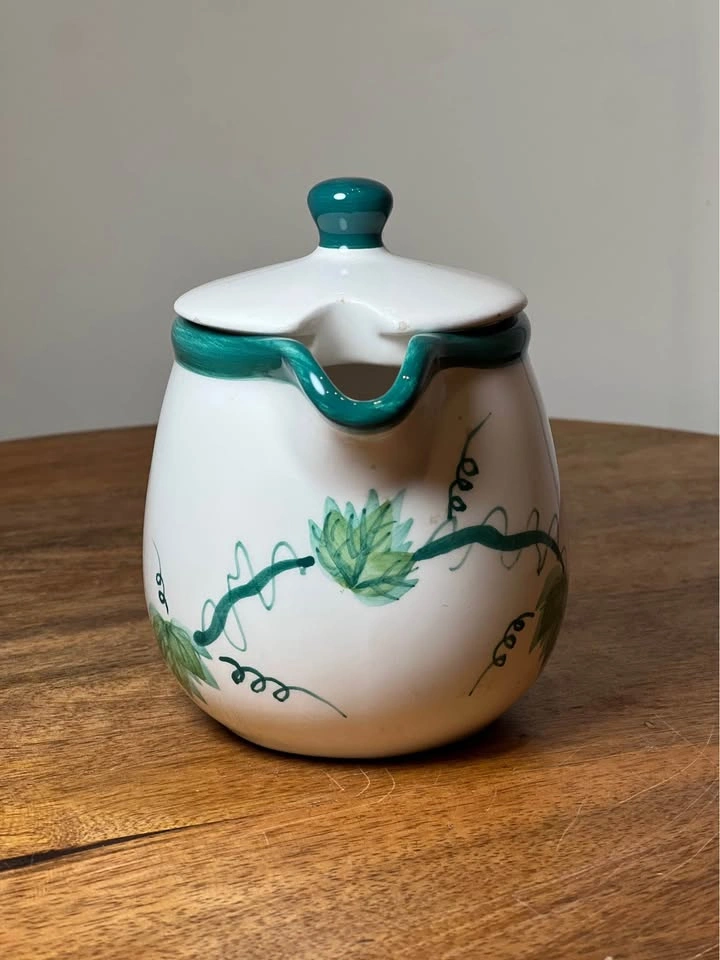 Vintage Ceramic Lidded Creamer Hand Painted Green Vine Leaf - photo 4