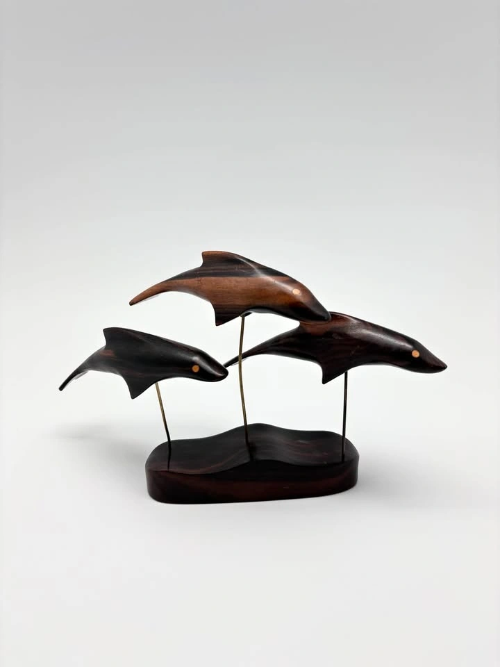 Vintage Carved Wood Dolphin Trio Sculpture