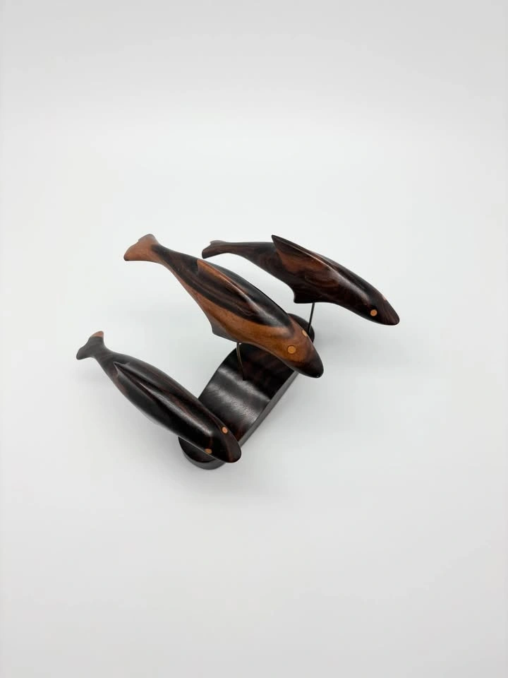 Vintage Carved Wood Dolphin Trio Sculpture - photo 3