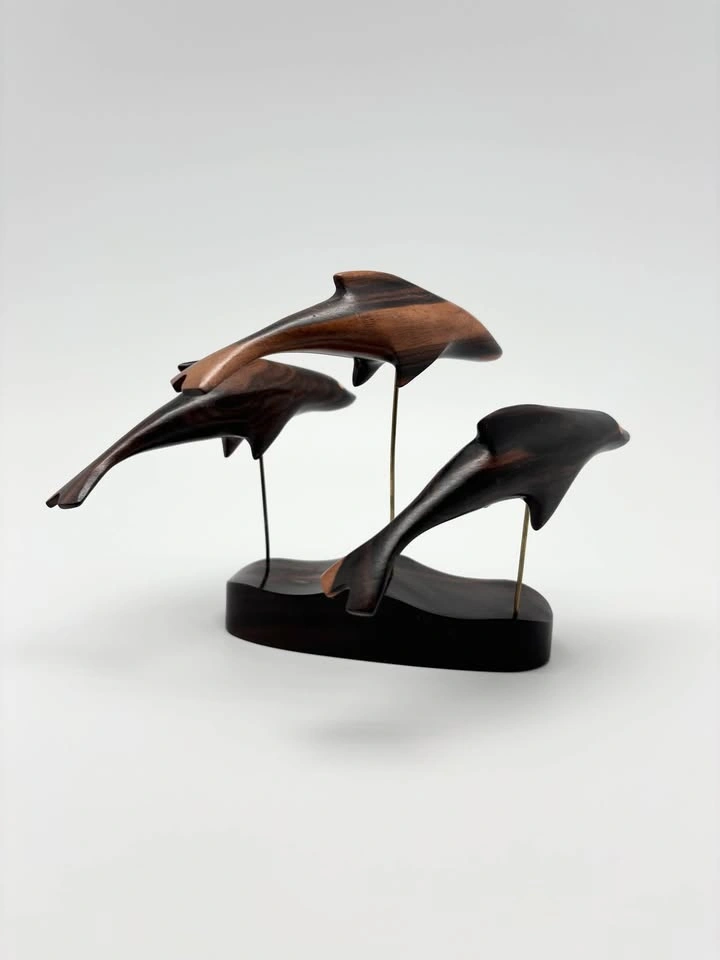 Vintage Carved Wood Dolphin Trio Sculpture - photo 4
