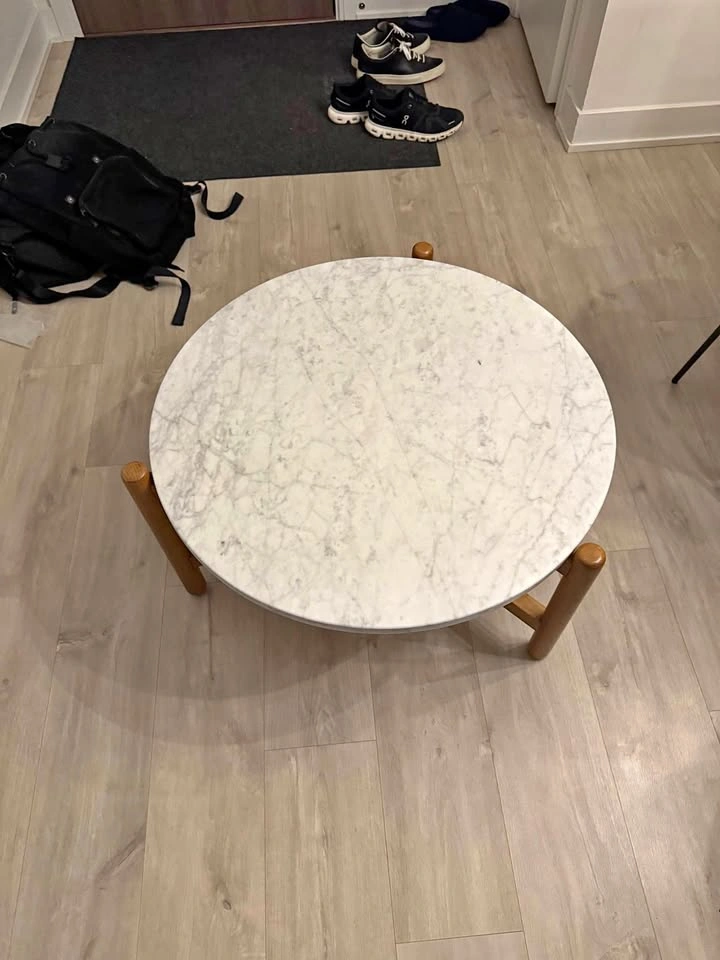 Round Marble Coffee Table with Solid Wood Base