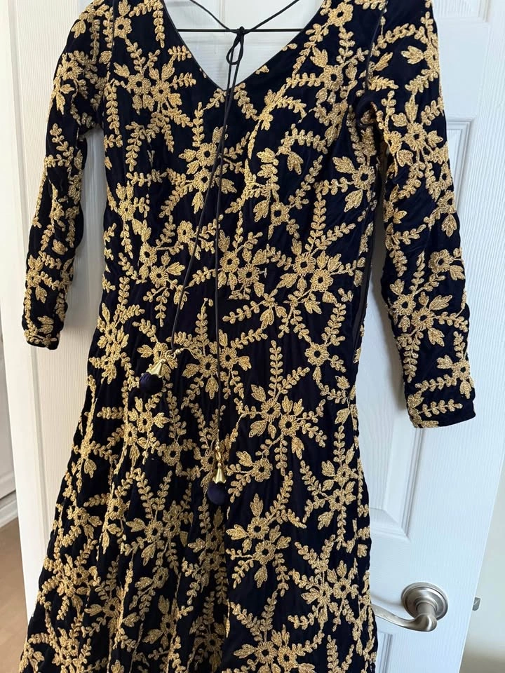 Navy Blue Velvet Gold Embroidered Dress - photo 2