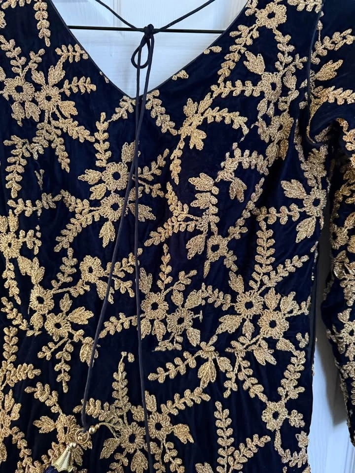 Navy Blue Velvet Gold Embroidered Dress - photo 3