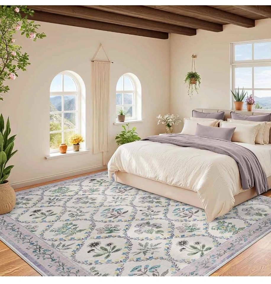 8x10 Purple Grey Area Rug - Washable, Non-Slip Boho Floral - NEW
