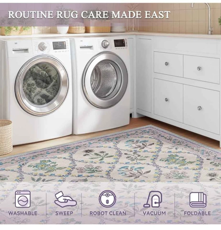 8x10 Purple Grey Area Rug - Washable, Non-Slip Boho Floral - NEW - photo 3