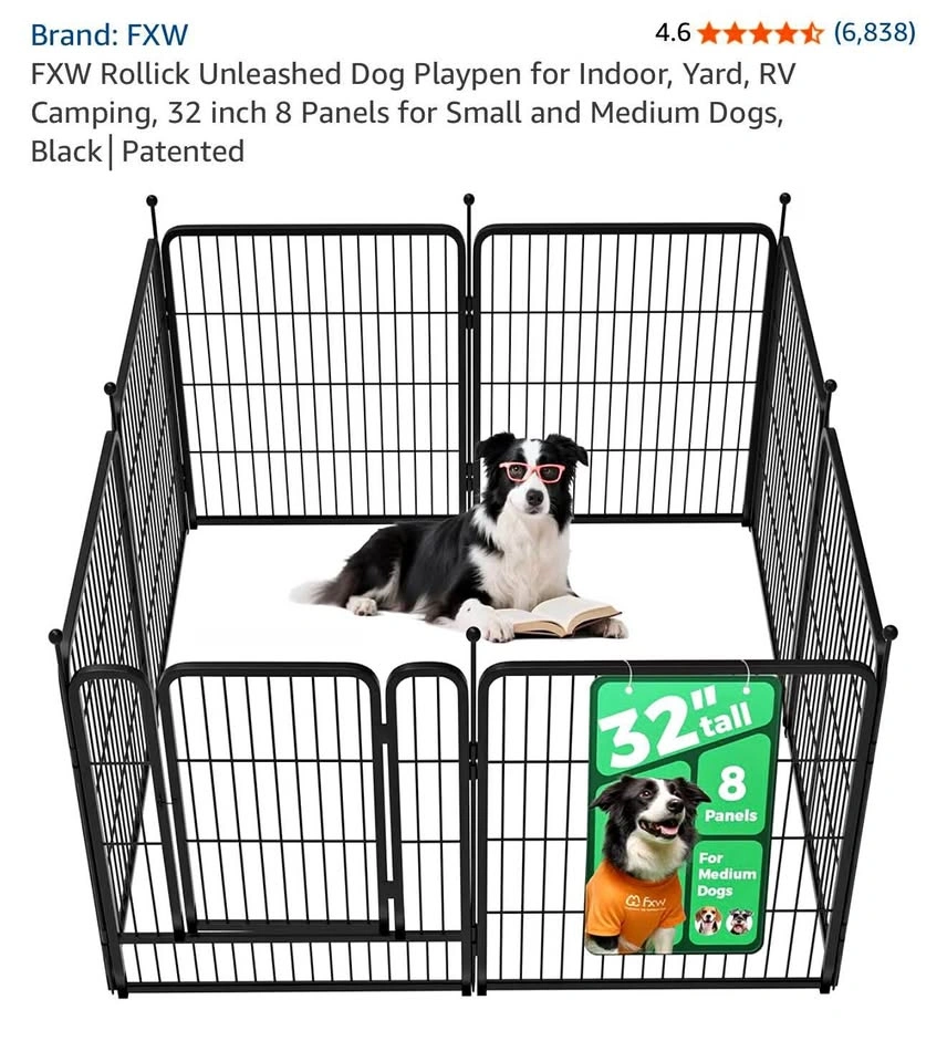 FXW Dog Playpen - 32 inch, 8 Panels, Black Metal
