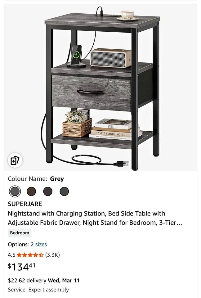 SUPERJARE Nightstand with Charging Station