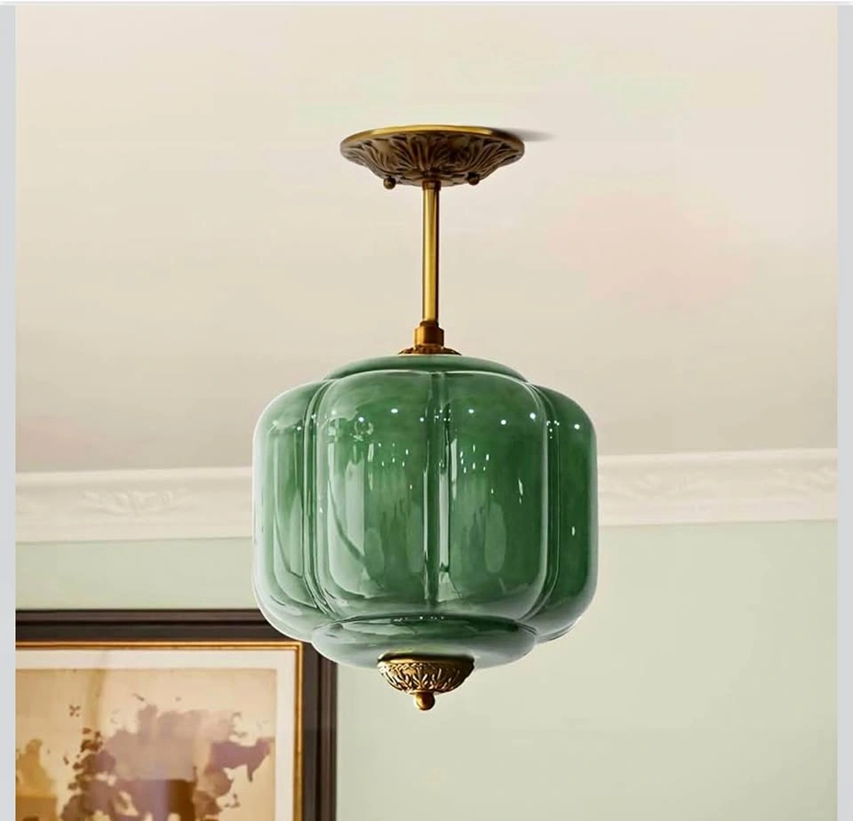 Antique Brass & Green Glass Semi Flush Mount Pendant Light