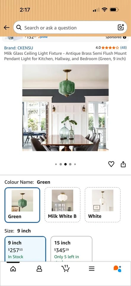 Antique Brass & Green Glass Semi Flush Mount Pendant Light - photo 5