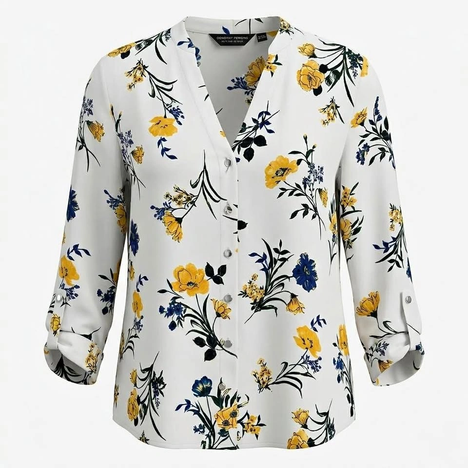 Dorothy Perkins V Neck Roll Sleeve Off White Floral Blouse - Wom