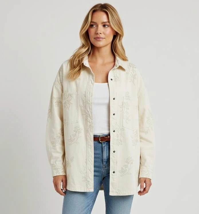 Oak + Fort Embroidered Floral Cotton Shacket - Cream/Beige - Wom