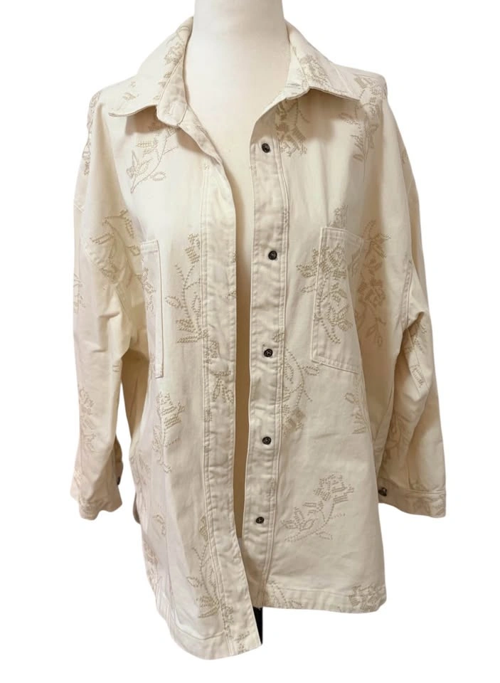 Oak + Fort Embroidered Floral Cotton Shacket - Cream/Beige - Wom - photo 2