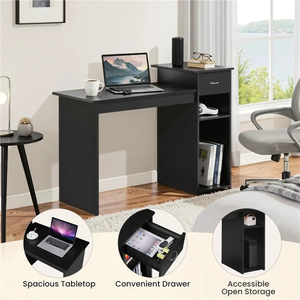 Computer Desk with Drawer and Storage, Black - photo 3