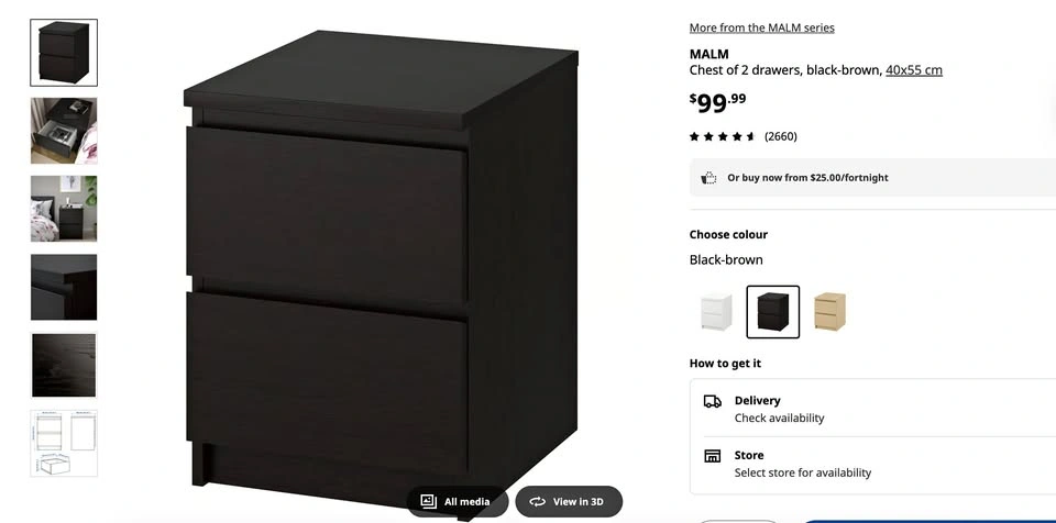 IKEA MALM Black Wood Nightstand with Two Drawers